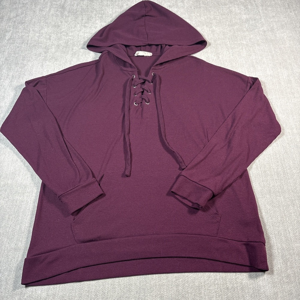 Pink Republic Lace-Up Hooded Pullover Hoodie XL Ribbed Knit Plum
